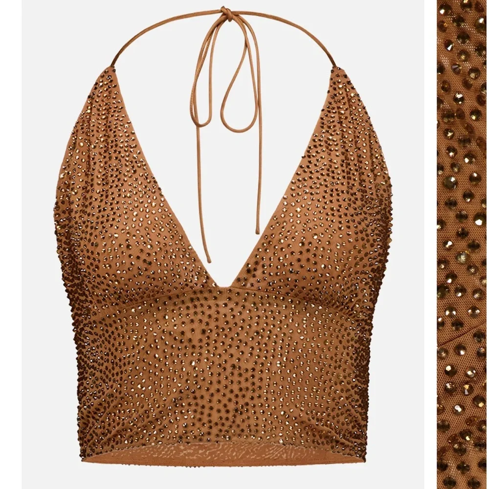 Alice and Olivia HANNAH EMBELLISHED TOP TAN/CRYSTAL - Picture 3 of 10